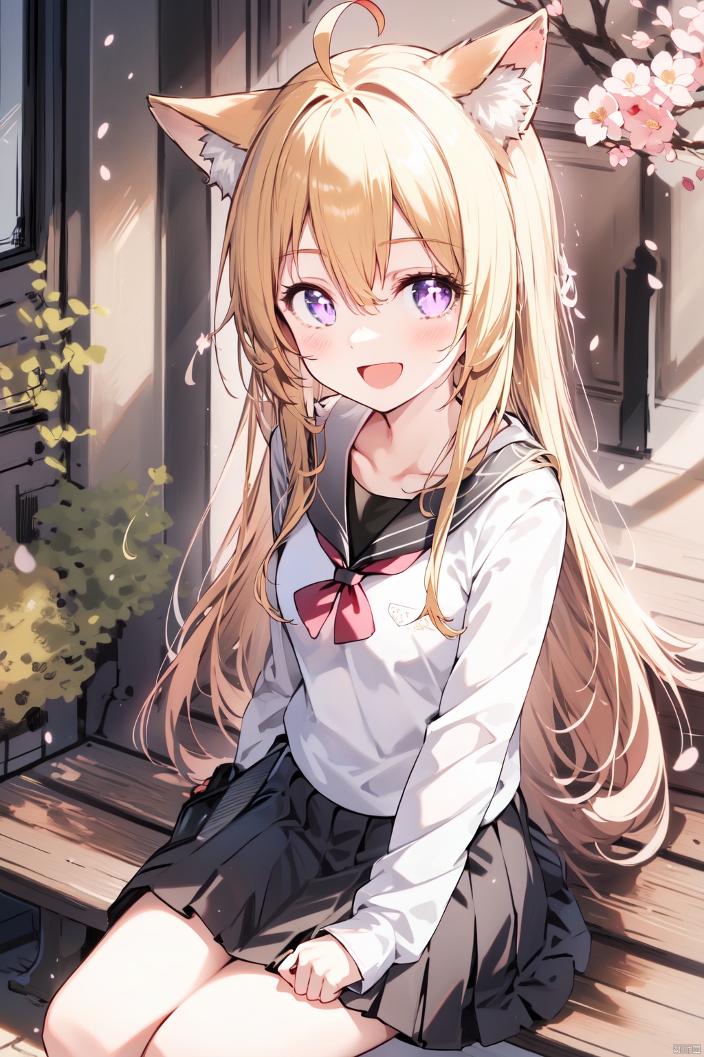  (masterpiece),(best quality),1girl, solo, animal ears, smile, tail, sitting, outdoors, fox ears, fox tail, looking at viewer, long hair, blonde hair, skirt, animal ear fluff, ahoge, long sleeves, :d, bangs, shirt, day, cherry blossoms, very long hair, black skirt, blush, petals, pleated skirt, fox girl, hair between eyes, collarbone, tree, open mouth