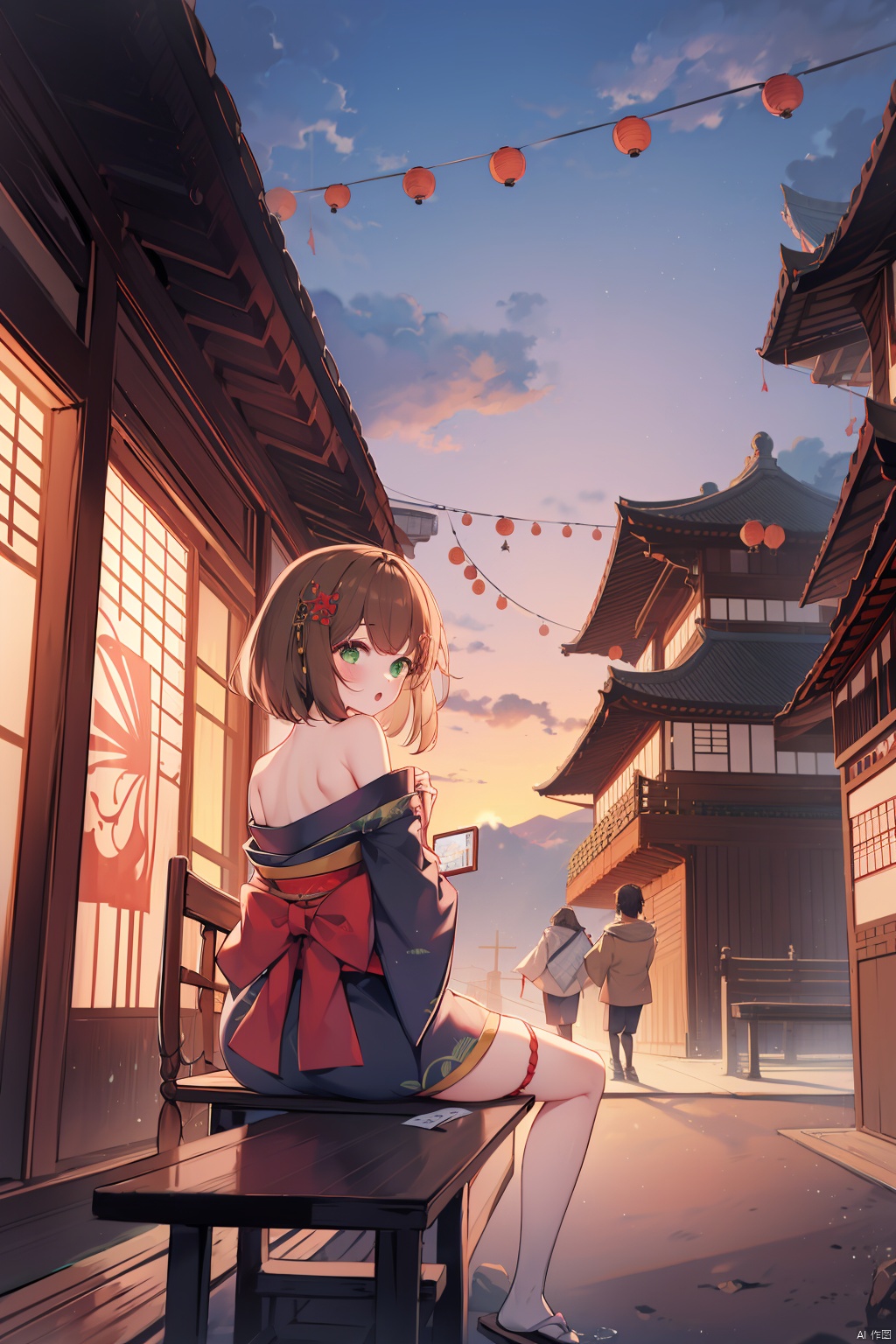 multiple_girls, east_asian_architecture, architecture, outdoors, brown_hair, multiple_boys, lantern, sky, 6+girls, green_eyes, short_hair, japanese_clothes, bare_shoulders, looking_at_viewer, kimono, cloud, off_shoulder, hair_ornament, paper_lantern, sitting, festival, riding, sunset, blush, looking_back, finger_to_mouth, :o, building, pagoda