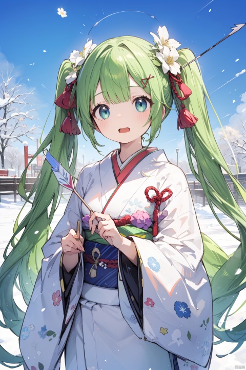 1girl, hatsune miku, yuki miku, japanese clothes, solo, long hair, kimono, holding, arrow \(projectile\), hood, wataboushi, open mouth, hamaya, wide sleeves, looking at viewer, twintails, uchikake, white kimono, green hair, hair ornament, snow, very long hair, bangs, flower, holding arrow