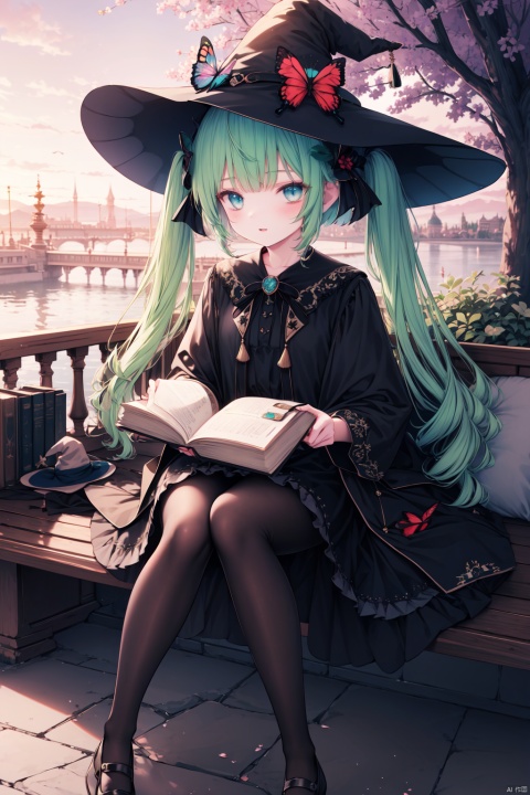  (masterpiece),(best quality),1girl, solo, hat, book, blue eyes, witch hat, bug, green hair, long hair, holding, dress, twintails, sitting, holding book, bangs, outdoors, looking at viewer, butterfly, long sleeves, brooch, flower, white pantyhose, blush, pantyhose, collared dress, black headwear, open book, black footwear, shoes, railing, black dress, parted lips, hat flower, witch, bow, day, tree, hair ornament