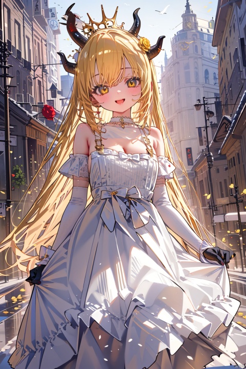  (best quality),(masterpiece),1girl, petals, solo, dress, blonde_hair, gloves, flower, skirt_hold, smile, bird, open_mouth, breasts, white_gloves, bow, elbow_gloves, looking_at_viewer, crown, :d, yellow_eyes, blush, bare_shoulders, yellow_flower, full_body, cleavage, hair_between_eyes, outdoors, jewelry, yellow_rose, rose, horns, choker