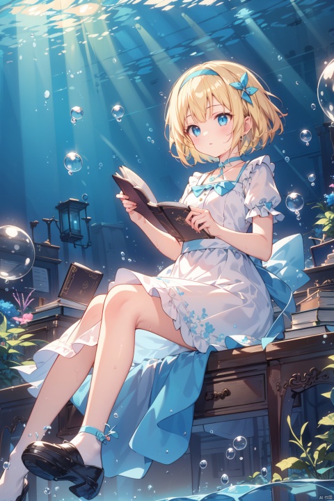 1girl, balloon, blonde hair, solo, sitting, bubble, short hair, book, blue theme, piano, dress, hairband, scenery, short sleeves, skirt, instrument, shoes, underwater, water, open book