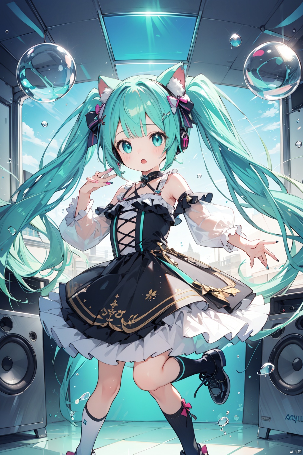 1girl, headphones, hatsune miku, long hair, keyboard \(instrument\), solo, dress, black dress, twintails, speaker, instrument, aqua hair, very long hair, detached sleeves, frilled dress, aqua nails, aqua eyes, frills, magical mirai miku, open mouth, bow, kneehighs, aqua bow, bare shoulders, cube, looking at viewer, animal ears, socks, bubble, cable