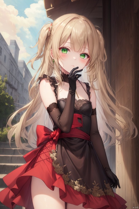  (best quality),(masterpiece),1girl, solo, long hair, green eyes, dress, gloves, elbow gloves