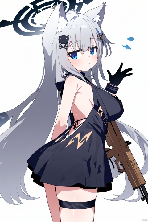  (best quality),(masterpiece),1girl, weapon, shiroko \(blue archive\), gun, solo, animal ears, breasts, long hair, halo, gloves, assault rifle, rifle, extra ears, black gloves, blue eyes, sig sauer, looking at viewer, v, long sleeves, hair ornament, grey hair, wolf ears, animal ear fluff, very long hair, large breasts, from side, ahoge, black dress, thigh strap, backless outfit, dress, cosplay