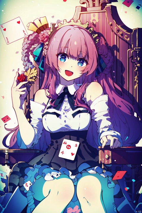  (best quality),(masterpiece),1girl, long_hair, playing_card, cup, crown, card, sitting, braid, very_long_hair, blue_eyes, flower, red_hair, dress, solo, petals, looking_at_viewer, smile, heart, detached_sleeves, rose, ribbon, spade_\(shape\), holding, open_mouth, holding_cup, breasts, hair_ribbon, red_flower, throne,hair_ornament, :d, ace_\(playing_card\), black_dress, bare_shoulders