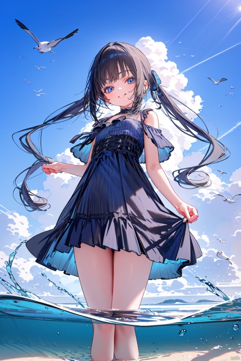  (masterpiece),(best quality),1girl, sky, solo, sun, dress, cloud, water, long hair, blue sky, wading, black hair, looking at viewer, bird, blue dress, blue eyes, smile, jewelry, twintails