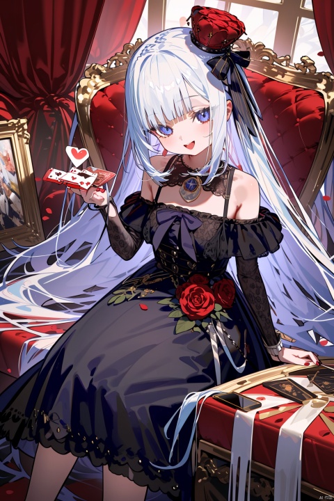  (best quality),(masterpiece),1girl, long_hair, playing_card, cup, crown, card, sitting, braid, very_long_hair, blue_eyes, flower, red_hair, dress, solo, petals, looking_at_viewer, smile, heart, detached_sleeves, rose, ribbon, spade_\(shape\), holding, open_mouth, holding_cup, breasts, hair_ribbon, red_flower, throne,hair_ornament, :d, ace_\(playing_card\), black_dress, bare_shoulders