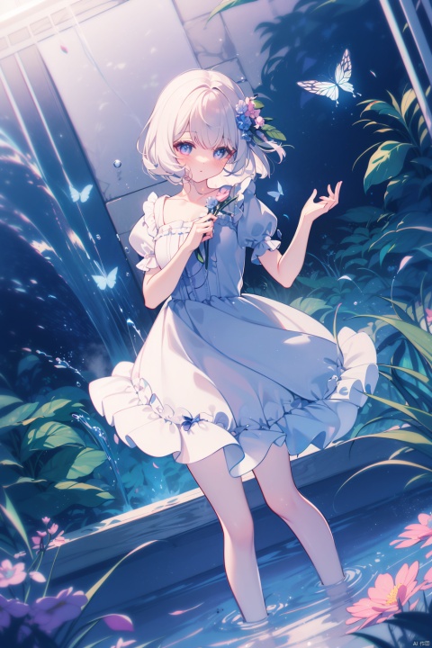  (best quality),(masterpiece),(masterpiece, best quality:1.2), illustration, absurdres, highres, extremely detailed, 1 girl, white short hair, eye highlights, dress, short puffy sleeves, frills, outdoors, flower, fluttering petals, full body, depth of field,chromatic aberration abuse,pastel color, Depth of field,garden of the sun,shiny,flowers, garden, 1girl, butterfly style, butterflies, ultra detailed, glary,Light, light particles,glitter,reflect,Put one hand on your chest,C4D,3D,bright,outdoors,gifts,candys,More details,flower ocean,winter,snowflakes,splashing water,falling petals,beautiful and delicate water,((beautiful eyes)),very delicate light,perfect and delicate limbs,nature,painting,water spray,fine luminescence,very fine 8K CG wallpaper,Lavender eyes,pink pupils,whole body,bright eyes,(an extremely delicate and beautiful girl:1.4),big eyes,eye highlights,watery eyes,looking_at_viewer,outdoors,look at the screen,Touching,
