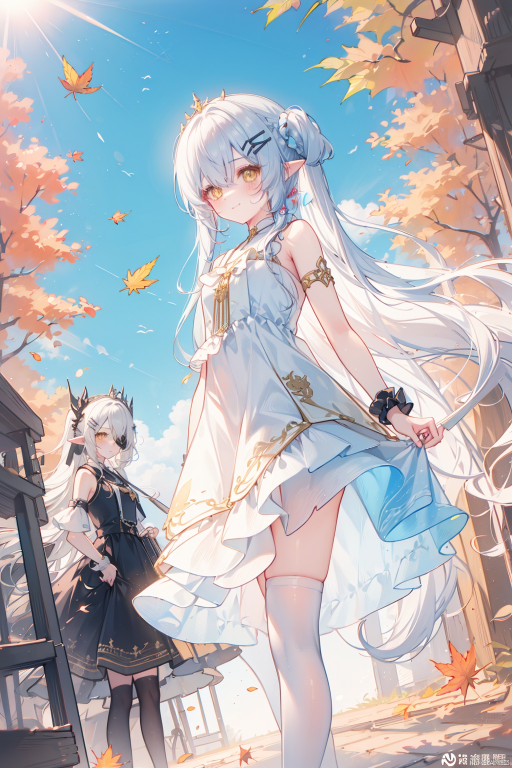 dress, thighhighs, white dress, eyepatch, smile, outdoors, white thighhighs, bag, long hair, wrist scrunchie, weibo username, pointy ears, blue sky, yellow eyes, looking at viewer, multiple girls, hair ornament, leaf, weibo logo, day, falling leaves, sky, scrunchie, sleeveless dress, bare shoulders, sleeveless, hairclip, solo focus, 3girls, autumn leaves, tiara, wrist cuffs, blush, very long hair, one eye covered, standing, feet out of frame, white hair