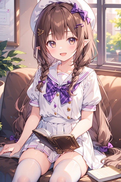long hair, skirt, 1girl, very long hair, blurry, sitting, short sleeves, shirt, looking at viewer, purple shirt, white skirt, pointy ears, white thighhighs, school uniform, smile, thighhighs, blurry background, braid, twin braids, brown hair, puffy short sleeves, pleated skirt, puffy sleeves, bow, brown eyes, sailor collar, open mouth, bowtie, solo, hat, purple bow, depth of field, blush, couch, :d, solo focus, purple bowtie, cup, blunt bangs, book, hair ornament