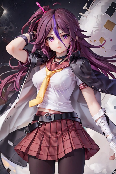  (best quality), (masterpiece), (highres),epic scenes,impactfulvisuals,senseofspace,HOURAIJl KYUUSYOU, bandages, skirt, bandaged arm, long hair, looking at viewer, purple hair, multicolored hair, shirt, white shirt, pleated skirt, pantyhose, chain, purple skirt, belt, hair between eyes, 1girl, jacket on shoulders, parted lips, purple eyes, sailor collar, necktie, jacket, neckerchief, HOURAIJl KYUUSYOU