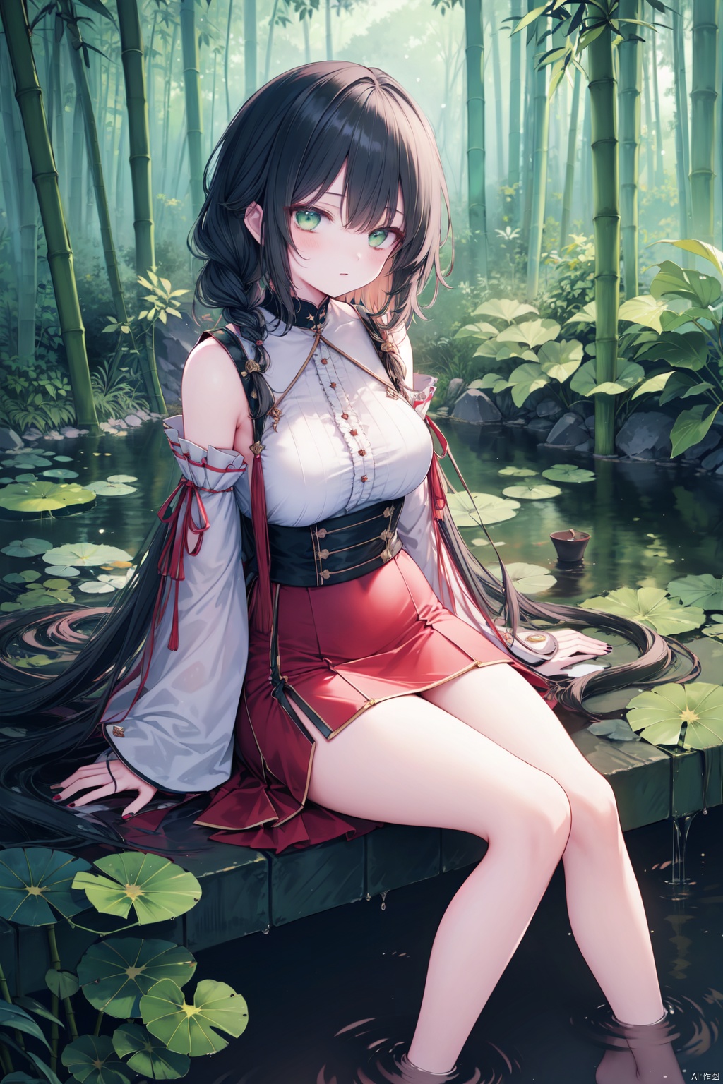  (masterpiece),(best quality),1girl, solo, green eyes, sitting, water, long hair, braid, outdoors, red skirt, feet out of frame, frills, skirt, detached sleeves, looking at viewer, nature, black hair, bangs, day, bamboo, nail polish, closed mouth, soaking feet, plant, bamboo forest, long sleeves, forest, wide sleeves, blush, breasts, leaf, lily pad, thighs, high-waist skirt, white sleeves