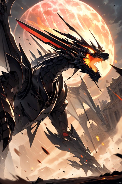  (masterpiece), (best quality),(illustration), wide shot, best quality, epic scenes, impactful visuals,  holding, weapon, wings, teeth,holding weapon, armor, no humans, glowing, moon, fire, robot, glowing eyes, claws, monster,dragon