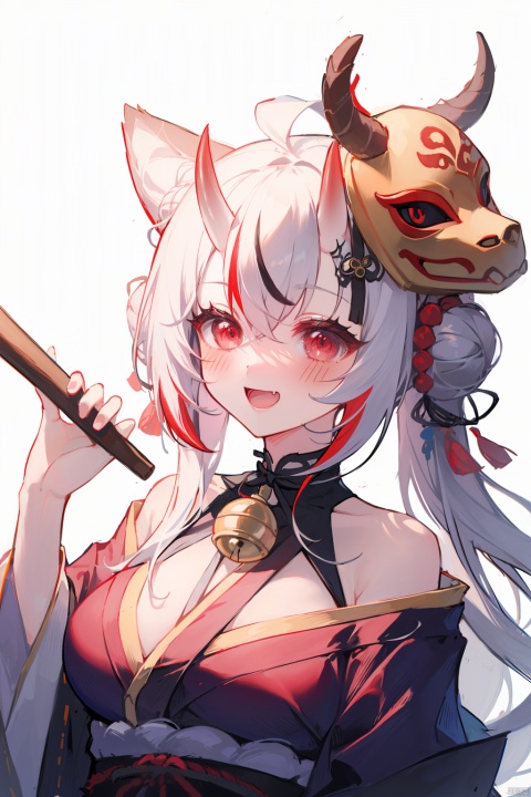  (best quality),(masterpiece),1girl, solo, bell, hair bell, virtual youtuber, nakiri ayame, long hair, horns, red eyes, hair ornament, double bun, hair bun, smile, mask, white hair, oni horns, oni mask, upper body, multicolored hair, blush, white background, open mouth, jingle bell, japanese clothes, mask on head, red hair, bare shoulders, kimono, simple background, streaked hair, holding, off shoulder, bangs, :d, tassel, oni, breasts, fang