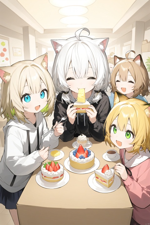 multiple_girls, blonde_hair, 4girls, food, green_eyes, animal_ears, closed_eyes, eating, cake, multicolored_hair, brown_hair, ahoge, white_hair, open_mouth, blue_eyes, box, smile, short_hair, long_hair, cat_ears