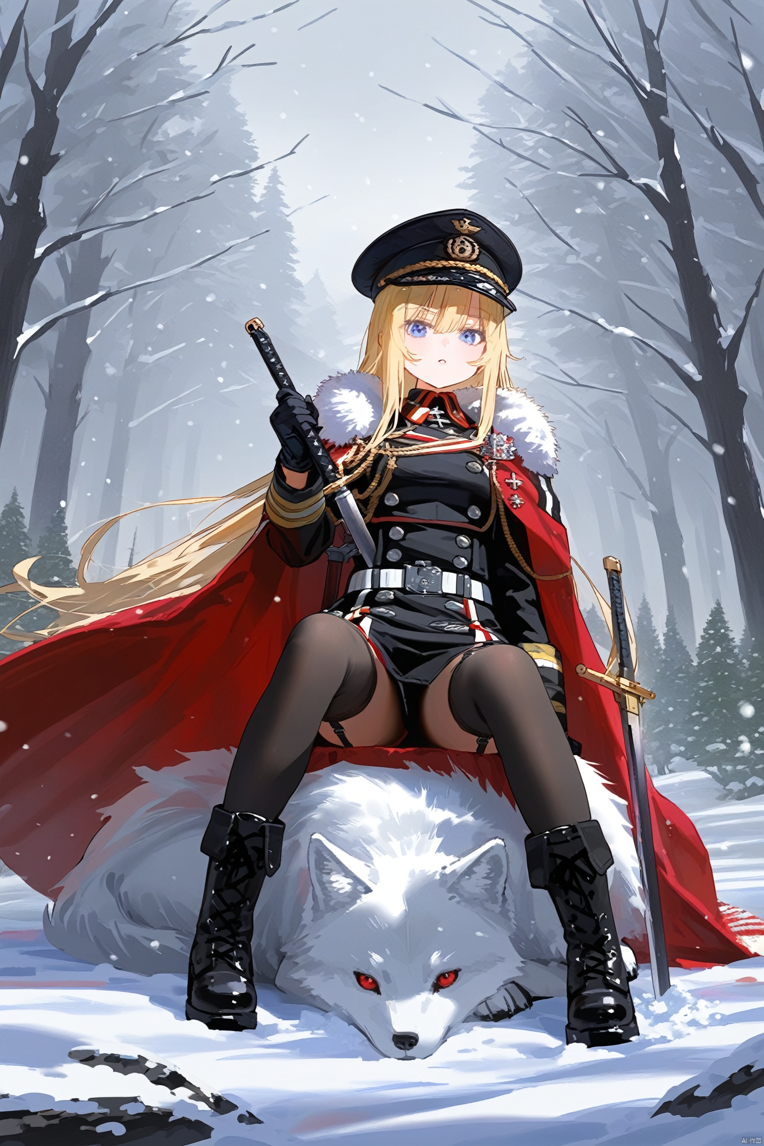 1girl, weapon, sword, blonde_hair, blue_eyes, hat, wolf, military_uniform, black_gloves, gloves, uniform, boots, snow, long_hair, military_hat, military, sitting, outdoors, looking_at_viewer, cape, holding_weapon, holding, black_footwear, holding_sword, solo, belt, black_headwear, garter_straps, nature, peaked_cap, tree, forest, pantyhose, bismarck_\(azur_lane\), long_sleeves, thighhighs, planted_sword, fur_trim, red_cape