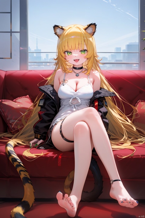 1girl, long hair, toenails, solo, toenail polish, very long hair, swire \(arknights\), animal ears, breasts, barefoot, green eyes, tiger ears, nail polish, feet, looking at viewer, tiger girl, tiger tail, toes, sitting, tail, blonde hair, smile, fang, open mouth, thigh strap, jacket, jewelry, green nails, indoors, absurdly long hair, legs, medium breasts, black choker, cleavage, choker, knee up, couch, necklace, full body, chair, :d