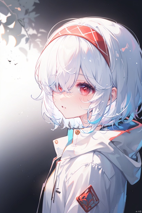  1girl, solo, best quality, white background, simple background, gradient background, upper body, from side, parted lips, red eyes, hair over one eye, white hair, short hair, hairband, white jacket, hood down, wet, slighting lighting and shadow