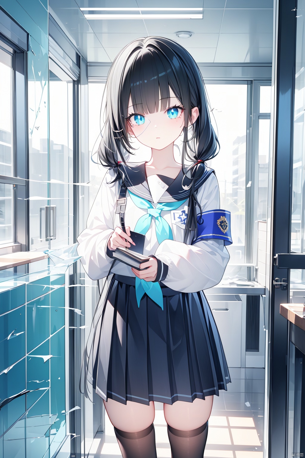 1girl, solo, thighhighs, school uniform, twintails, skirt, broken glass, long hair, eyepatch, low twintails, holding, black thighhighs, looking at viewer, sailor collar, serafuku, green neckerchief, blue eyes, pleated skirt, armband, book, long sleeves, bangs, neckerchief, glass, standing, black hair, zettai ryouiki, shirt, holding book, collarbone