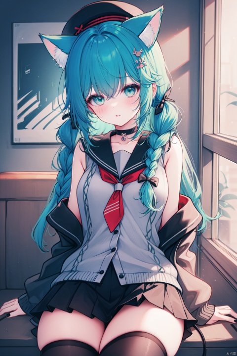  (masterpiece),(best quality),1girl, animal ears, skirt, solo, tail, thighhighs, cat ears, shirt, open clothes, looking at viewer, sitting, long hair, white shirt, hair bow, indoors, cat tail, twin braids, pleated skirt, black skirt, black headwear, black thighhighs, bow, black choker, black bow, hat, aqua hair, choker, bangs, sailor collar, long sleeves, necktie, braid, blush, green eyes, hand up, school uniform, cardigan, cat girl, off shoulder, animal ear fluff, sleeveless, red necktie, nail polish, open cardigan, plant, twintails, window, serafuku, grey cardigan, hair between eyes, hair ornament, parted lips, black nails, cowboy shot, zettai ryouiki, thighs