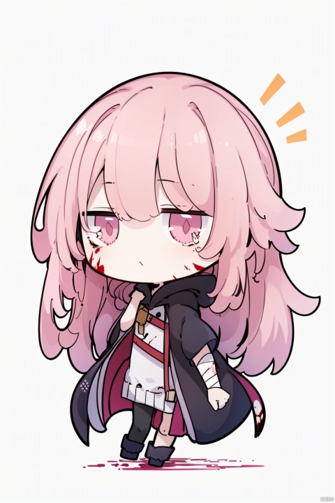  1girl, solo, best quality, white background, simple background, full body, looking at viewer, holding, long hair, pink hair, blood on face, blood on clothes, blood stain, bruise, bandaid, scar, blood on hands, bandaged leg, pantyhose, boots, torn clothes, black footwear, cloak, hoodie, hood up, backpack, gun, bandaged arm, cuts, bleeding, bandaged hand, sarashi, bandaged head