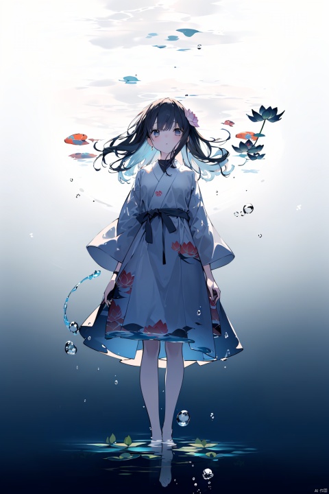 (masterpiece, best quality, highres:1.2),minimalism,realistic,(unified picture:1.1),,(A girl standing in water, upper body above, lower body submerged:1.8),upper body on the water,lower body below the surface,(1girl:1.1),(solo:1.1),,(on the water were giant lotus flowers and leaves:1.4),(giant lotus leaves grow out of the water:1.2),(Cirrocumulus:1.1),,(below the surface are schools of giant koi:1.3),(giant koi:1.1),,black hair,long hair,white dress,wet clothes,wet body,wet hair,,clear and clean water,[ripples],(from_below:1.4),look at viewer,depth of field,(simple_background:1.2),,,wlqc,,,
