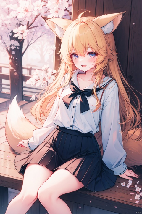 (masterpiece),(best quality),1girl, solo, animal ears, smile, tail, sitting, outdoors, fox ears, fox tail, looking at viewer, long hair, blonde hair, skirt, animal ear fluff, ahoge, long sleeves, :d, bangs, shirt, day, cherry blossoms, very long hair, black skirt, blush, petals, pleated skirt, fox girl, hair between eyes, collarbone, tree, open mouth