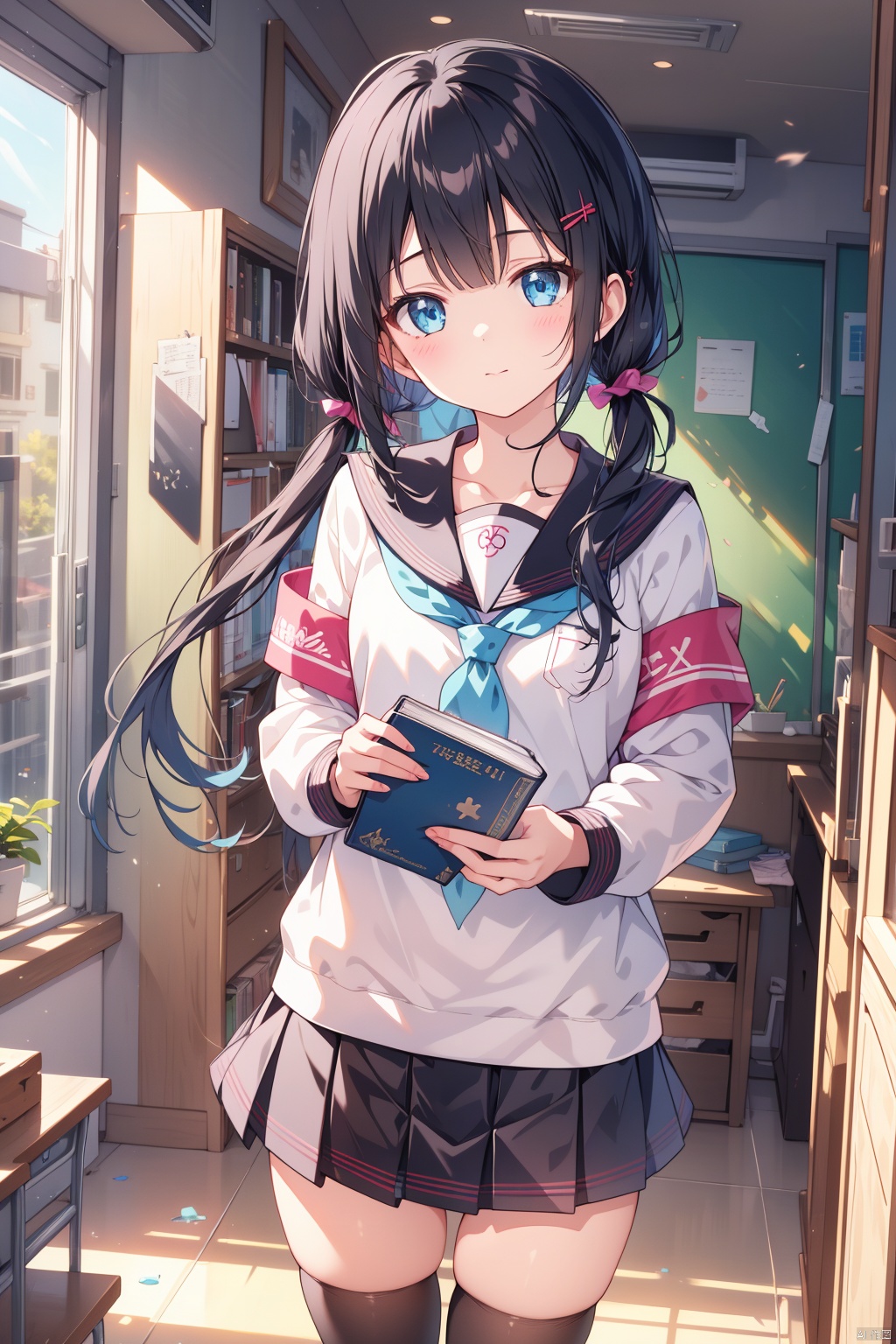 1girl, solo, thighhighs, school uniform, twintails, skirt, broken glass, long hair, eyepatch, low twintails, holding, black thighhighs, looking at viewer, sailor collar, serafuku, green neckerchief, blue eyes, pleated skirt, armband, book, long sleeves, bangs, neckerchief, glass, standing, black hair, zettai ryouiki, shirt, holding book, collarbone