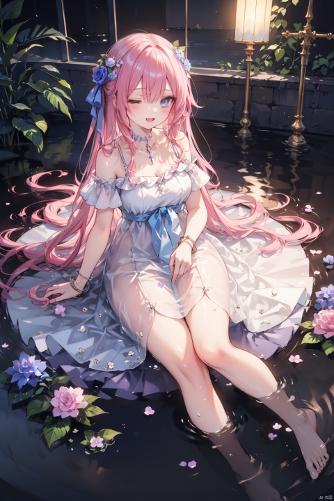  1girl, solo, pseudo impasto, best quality, aesthetic, detailed, looking at viewer, smile, open mouth, blue eyes, one eye closed, long hair, pink hair, bangs, breasts, barefoot, dress, bare shoulders, red ribbon, wrist ribbon, bracelet, choker, in cup, partially submerged, purple rose, hydrangea, blue rose