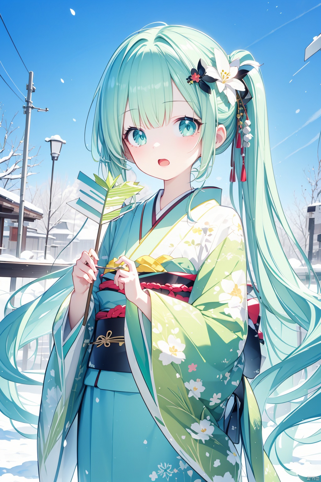 1girl, hatsune miku, yuki miku, japanese clothes, solo, long hair, kimono, holding, arrow \(projectile\), hood, wataboushi, open mouth, hamaya, wide sleeves, looking at viewer, twintails, uchikake, white kimono, green hair, hair ornament, snow, very long hair, bangs, flower, holding arrow