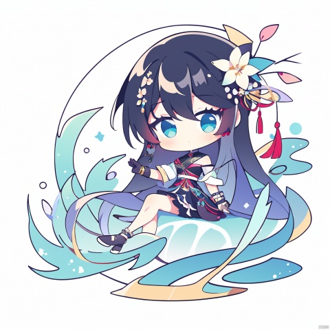  QB,chibi,1girl, solo, gloves, long hair, sitting, book, dress, jewelry, black hair, water, branch, bracelet, holding, flower, bare shoulders, blue eyes, blue gloves, bangs, chinese clothes, hair between eyes, black gloves, hair ornament