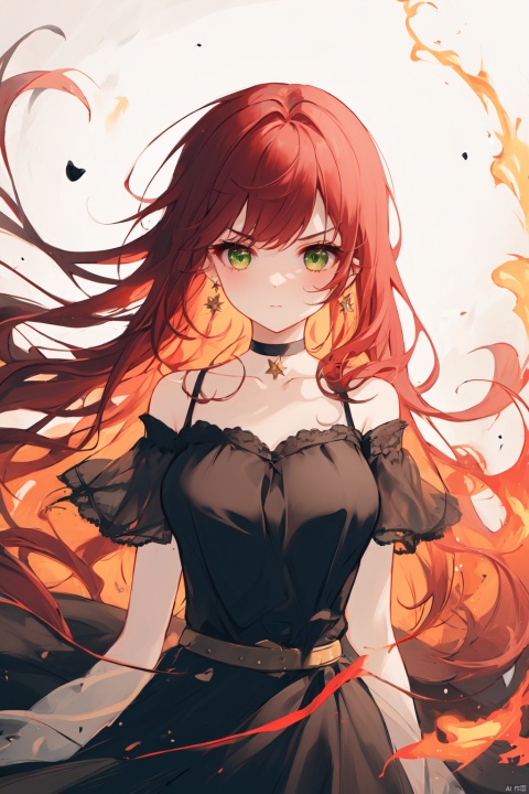  1girl, solo, long hair, dress, fire, red hair, black dress, jewelry, looking at viewer, green eyes, earrings, off-shoulder dress, choker, belt, off shoulder, floating hair, closed mouth, breasts, bare shoulders, bangs, v-shaped eyebrows, collarbone