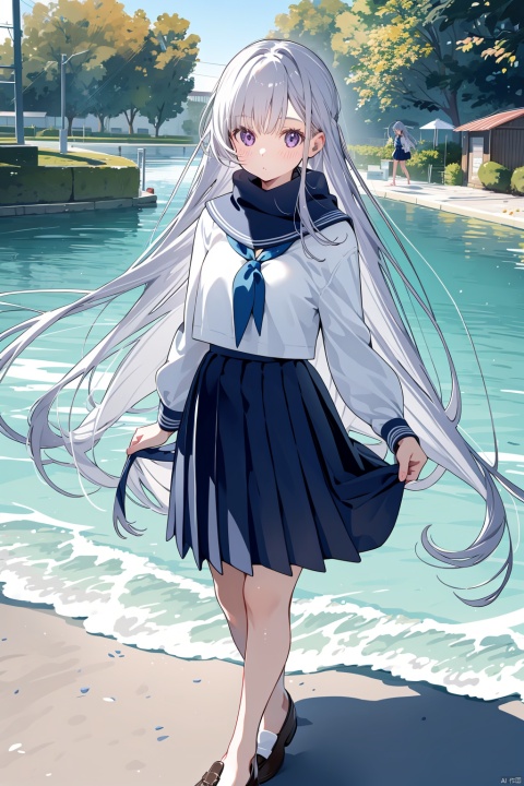 1girl, solo, flower, skirt, school_uniform, holding, long_hair, scarf, shoes, outdoors, water, pleated_skirt, sailor_collar, holding_flower, bangs, purple_eyes, looking_at_viewer, standing, long_sleeves, shirt, serafuku, wading, blush, blue_flower, white_shirt, shoes_removed, loafers, grey_hair, barefoot, very_long_hair, black_skirt, hair_between_eyes, breasts