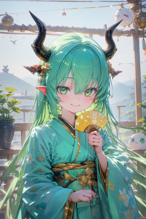  1girl, kiyohime \(fate\), solo, best quality, detailed, upper body, looking at viewer, holding fan, smile, dragon horns, closed mouth, yellow eyes, green eyes, hair between eyes, eyebrows visible through hair, long hair, green hair, aqua hair, bangs, kimono, wide sleeves, obi, folding fan, dragon girl, shaded face