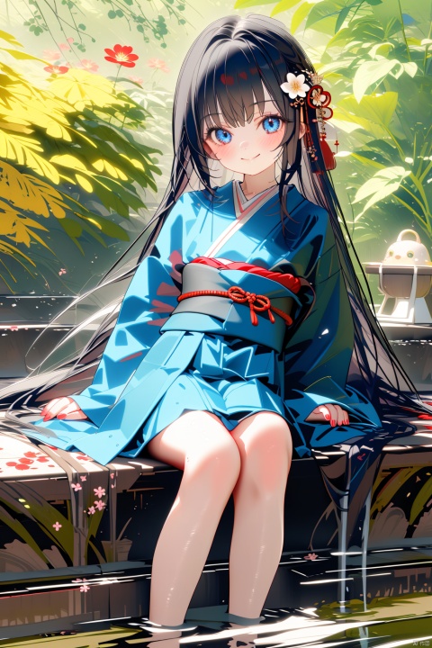  (best quality),(masterpiece),1girl, long hair, black hair, solo, blue eyes, japanese clothes, kimono, soaking feet, water, smile, looking at viewer, sitting, red kimono, very long hair, sash, closed mouth, obi, hair ornament, long sleeves, outdoors, barefoot, blush, flower, wide sleeves, skirt
