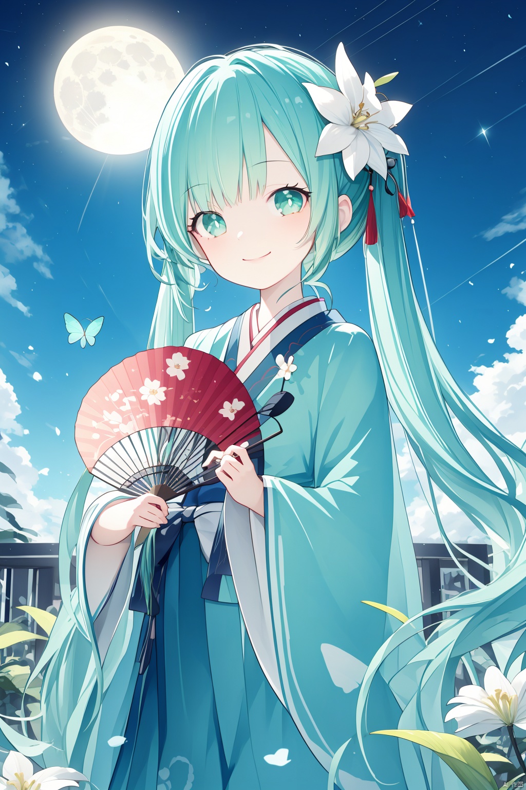 1girl, flower, paper fan, uchiwa, solo, hatsune miku, hand fan, long hair, holding, hair flower, hair ornament, shawl, chinese clothes, hagoromo, holding fan, butterfly, hanfu, bug, twintails, very long hair, wide sleeves, looking at viewer, moon, night, long sleeves, sky, white flower, bangs, aqua hair, smile, tassel, night sky, full moon