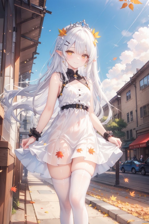 dress, thighhighs, white dress, eyepatch, smile, outdoors, white thighhighs, bag, long hair, wrist scrunchie, weibo username, pointy ears, blue sky, yellow eyes, looking at viewer, multiple girls, hair ornament, leaf, weibo logo, day, falling leaves, sky, scrunchie, sleeveless dress, bare shoulders, sleeveless, hairclip, solo focus, 3girls, autumn leaves, tiara, wrist cuffs, blush, very long hair, one eye covered, standing, feet out of frame, white hair