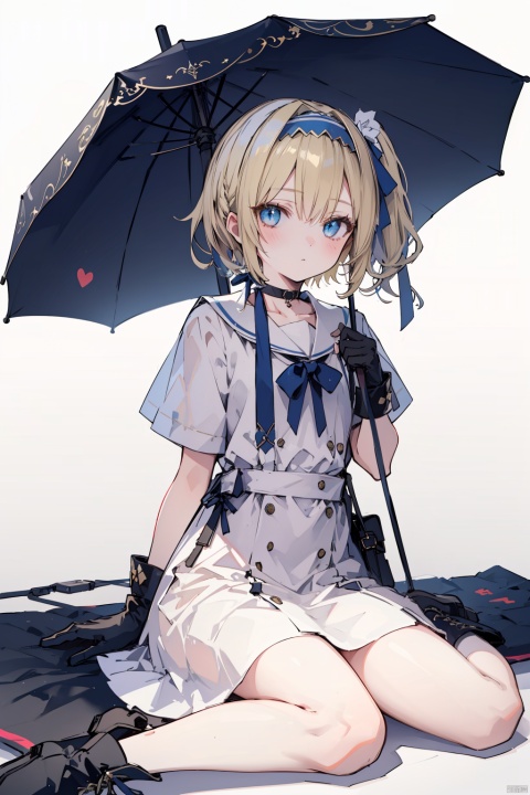  (best quality),(masterpiece),1girl, solo, ribbon, choker, blonde_hair, umbrella, side_ponytail, hairband, blue_eyes, single_glove, sitting, hair_ribbon, short_hair, black_choker, dress, gloves, wariza, blush, white_background, closed_umbrella, looking_at_viewer, boots, white_dress