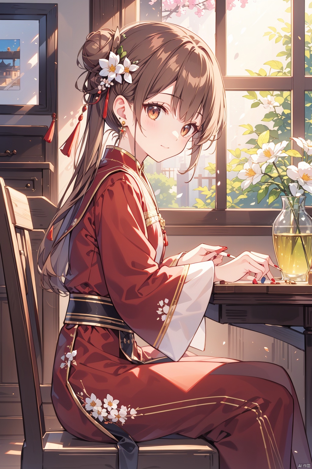  (best quality),(masterpiece),1girl, solo, flower, hair ornament, hair flower, dress, brown hair, red dress, candle, brown eyes, sitting, hair bun, jewelry, earrings, long sleeves, window, chinese clothes, table, from side, white flower, indoors, single hair bun, lattice, chair, round window, closed mouth, sidelocks, red nails, wide sleeves, nail polish, long hair, board game, tassel