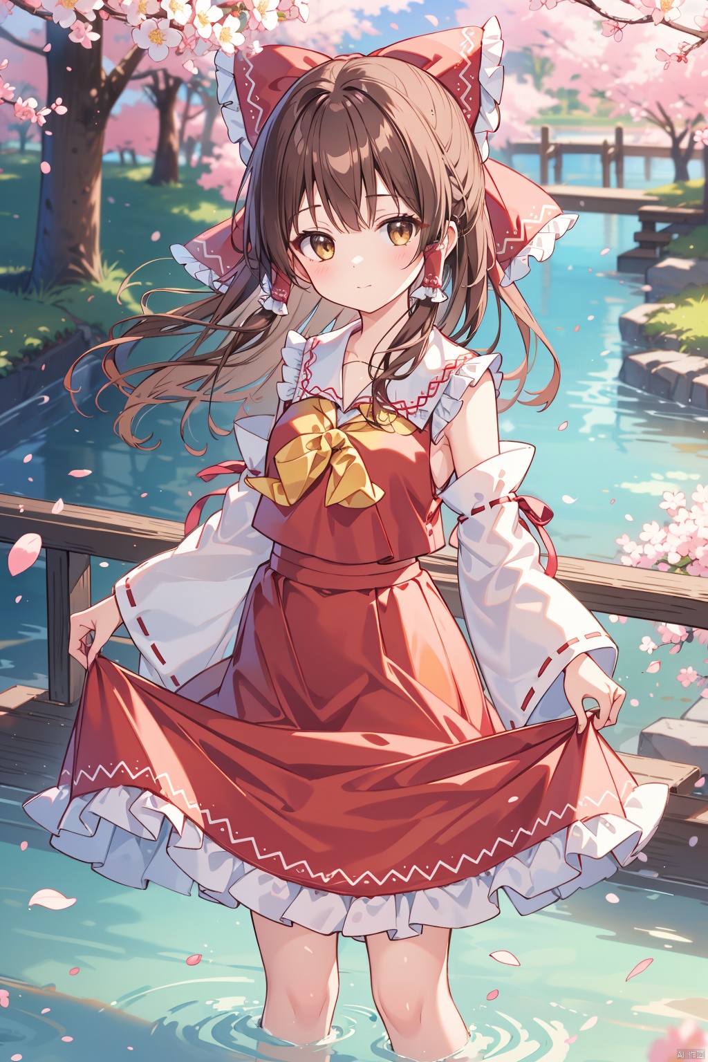 1girl, bow, solo, long hair, hakurei reimu, skirt, detached sleeves, red skirt, red bow, hair tubes, brown hair, hair bow, skirt hold, frills, yellow bow, yellow bowtie, frilled bow, wide sleeves, looking at viewer, bangs, ribbon trim, bowtie, brown eyes, wading, ribbon-trimmed sleeves, frilled hair tubes, cherry blossoms, closed mouth, sidelocks, water, shirt, red shirt, night