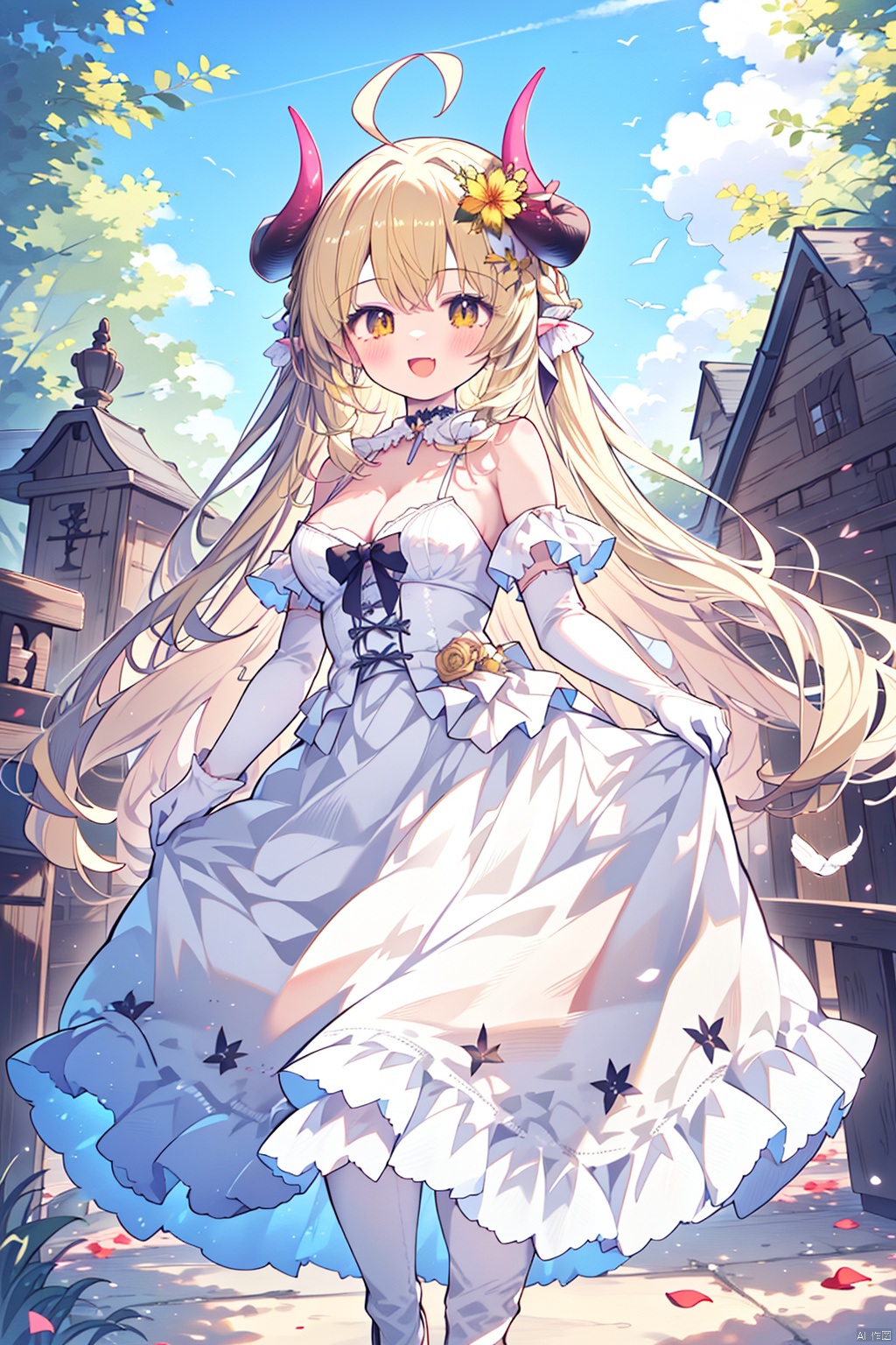  (best quality),(masterpiece),1girl, petals, solo, dress, blonde_hair, gloves, flower, skirt_hold, smile, bird, open_mouth, breasts, white_gloves, bow, elbow_gloves, looking_at_viewer, crown, :d, yellow_eyes, blush, bare_shoulders, yellow_flower, full_body, cleavage, hair_between_eyes, outdoors, jewelry, yellow_rose, rose, horns, choker