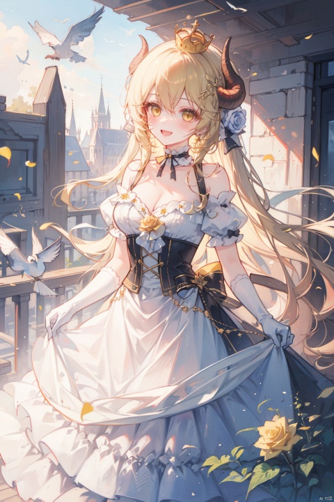  (best quality),(masterpiece),1girl, petals, solo, dress, blonde_hair, gloves, flower, skirt_hold, smile, bird, open_mouth, breasts, white_gloves, bow, elbow_gloves, looking_at_viewer, crown, :d, yellow_eyes, blush, bare_shoulders, yellow_flower, full_body, cleavage, hair_between_eyes, outdoors, jewelry, yellow_rose, rose, horns, choker