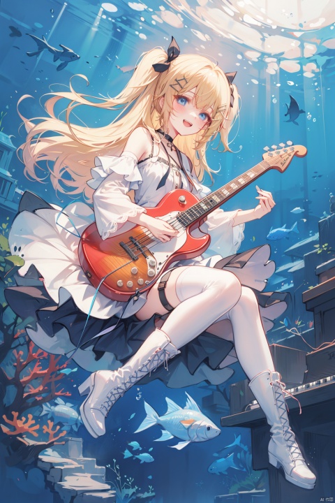 1girl, instrument, garter straps, blonde hair, thighhighs, underwater, white footwear, guitar, blue eyes, solo, dress, boots, long hair, white dress, black thighhighs, bubble, holding instrument, air bubble, smile, open mouth, knee boots, full body, playing instrument, looking at viewer, electric guitar, holding, cross-laced footwear, hair ornament, bare shoulders, bass guitar, music, detached sleeves, :d, ribbon, teeth, fish, bow, hairclip, hair ribbon, choker, lace-up boots, two side up, upper teeth only, blush, coral