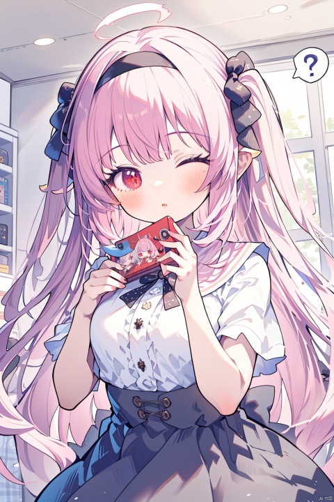  (best quality),(masterpiece),1girl, black skirt, skirt, shirt, two side up, black hairband, bangs, pink hair, white shirt, black bow, very long hair, short sleeves, holding, hair bow, long hair, spoken question mark, parted lips, 1boy, hairband, bow, red eyes, blush, medium breasts, black hair, ?, breasts, looking at viewer, closed eyes, hands up, virtual youtuber, hair intakes