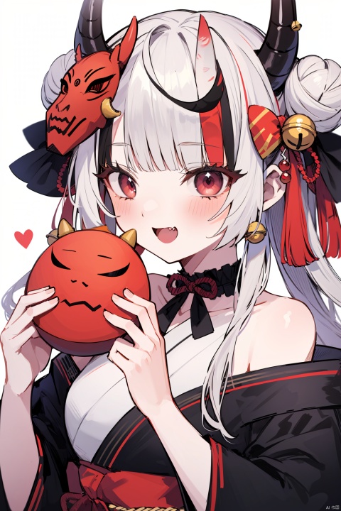  (best quality),(masterpiece),1girl, solo, bell, hair bell, virtual youtuber, nakiri ayame, long hair, horns, red eyes, hair ornament, double bun, hair bun, smile, mask, white hair, oni horns, oni mask, upper body, multicolored hair, blush, white background, open mouth, jingle bell, japanese clothes, mask on head, red hair, bare shoulders, kimono, simple background, streaked hair, holding, off shoulder, bangs, :d, tassel, oni, breasts, fang