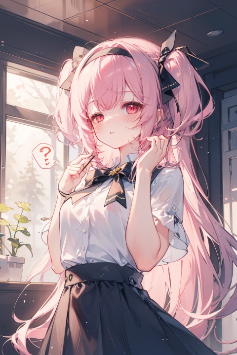  (best quality),(masterpiece),1girl, black skirt, skirt, shirt, two side up, black hairband, bangs, pink hair, white shirt, black bow, very long hair, short sleeves, holding, hair bow, long hair, spoken question mark, parted lips, 1boy, hairband, bow, red eyes, blush, medium breasts, black hair, ?, breasts, looking at viewer, closed eyes, hands up, virtual youtuber, hair intakes