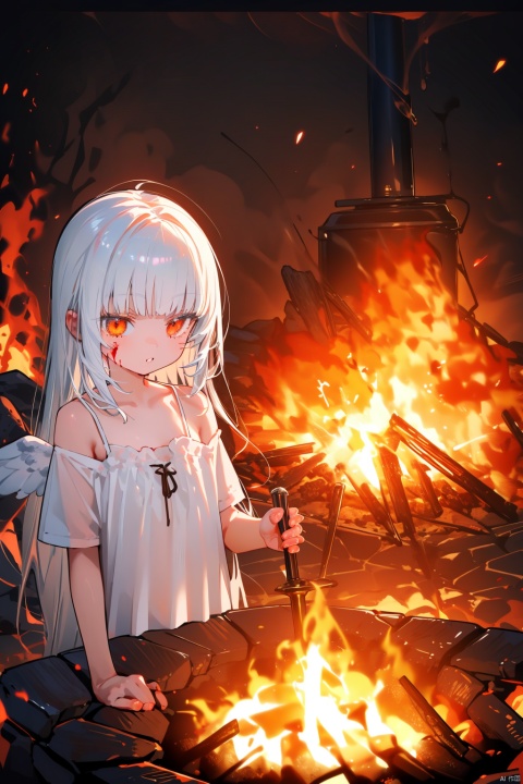  1girl, 1boy, fujiwara no mokou, solo, pseudo impasto, best quality, red theme, upper body, male focus, looking at viewer, parted lips, orange eyes, heterochromia, red eyes, white hair, fiery hair, blood on face, collarbone, blood splatter, burnt clothes, flaming sword, fiery wings, white camisole, burning, flame, explosion, breathing fire, molten rock, embers, pyrokinesis, campfire, sparks, sunset, torch, fireplace, orange sky, smoke, firing