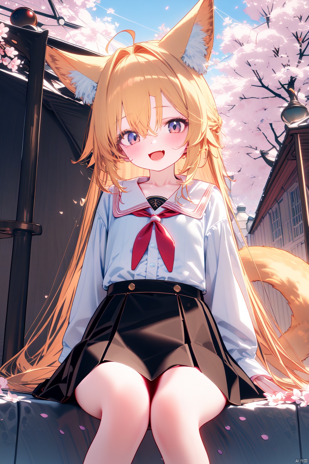  (masterpiece),(best quality),1girl, solo, animal ears, smile, tail, sitting, outdoors, fox ears, fox tail, looking at viewer, long hair, blonde hair, skirt, animal ear fluff, ahoge, long sleeves, :d, bangs, shirt, day, cherry blossoms, very long hair, black skirt, blush, petals, pleated skirt, fox girl, hair between eyes, collarbone, tree, open mouth