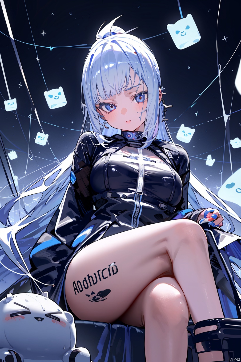  (best quality),(masterpiece),1girl, crossed legs, long hair, breasts, solo, sitting, barcode, ponytail, grey hair, barcode tattoo, android, cyberpunk, joints, medium breasts, bodysuit, bangs, robot joints